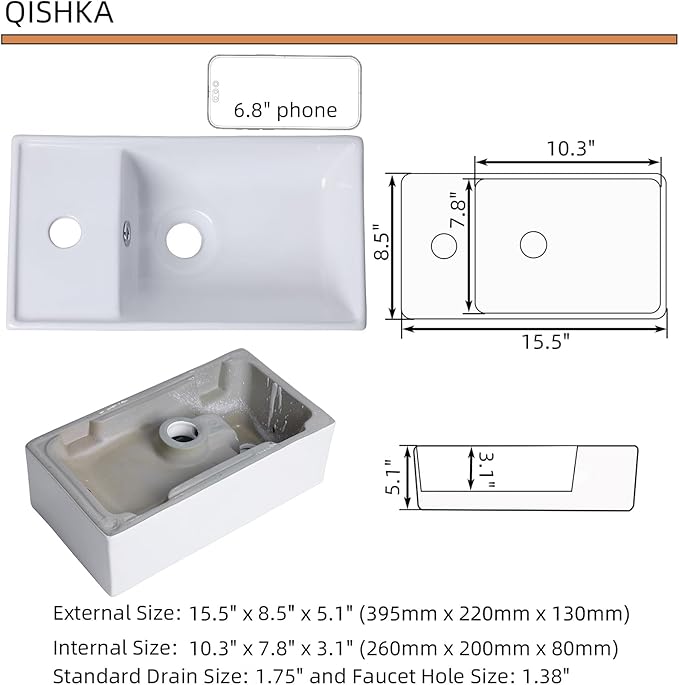 Small Wall Mount Bathroom Vessel Sink, QISHKA 15.5" X 8.5" Rectangular Floating Ceramic Wash Hand Basin- White Wall Hung Vanity Sink with Overflow for Small Bathroom (Left Hand)