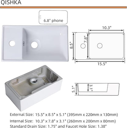 Small Wall Mount Bathroom Vessel Sink, QISHKA 15.5" X 8.5" Rectangular Floating Ceramic Wash Hand Basin- White Wall Hung Vanity Sink with Overflow for Small Bathroom (Left Hand)