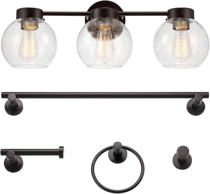 Globe Electric 63000202 5-Piece All-in-One Bathroom Accessory Set with 24" 3-Light Vanity Light, Dark Bronze, Seeded Glass Shades, Towel Bar, Robe Hook, Toilet Paper Holder, Towel Ring, Powder Room
