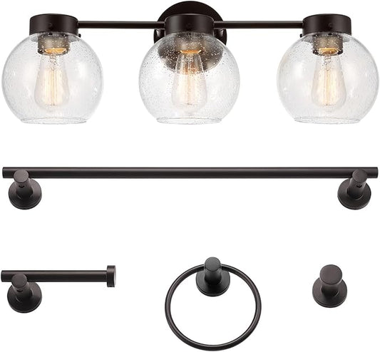 Globe Electric 63000202 5-Piece All-in-One Bathroom Accessory Set with 24" 3-Light Vanity Light, Dark Bronze, Seeded Glass Shades, Towel Bar, Robe Hook, Toilet Paper Holder, Towel Ring, Powder Room