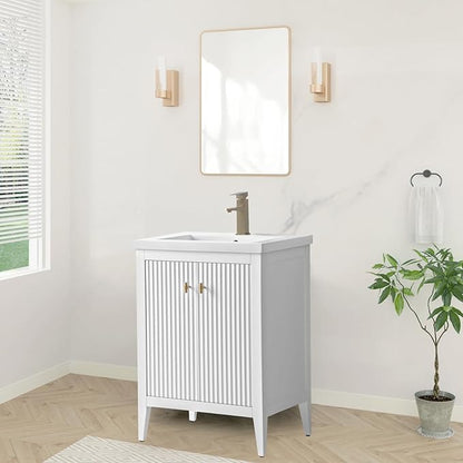 HOMEBEYOND 24" Bathroom Vanity with Ceramic Sink, Solid Wood Free-Standing Vanities Cabinet, Ceramic Top, Golden Brushed Handware & Soft Closing Door, White
