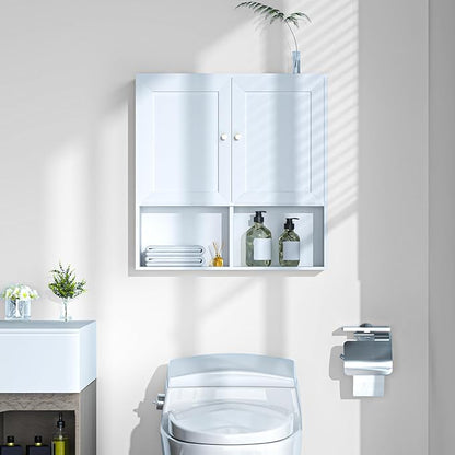 Bathroom Wall Cabinet, Medicine Cabinet with 2 Door and Adjustable Shelves,3-Tier Wood Hanging Storage Over The Toilet,White Wall Mounted Cabinet for Bathroom, Kitchen,Laundry Room