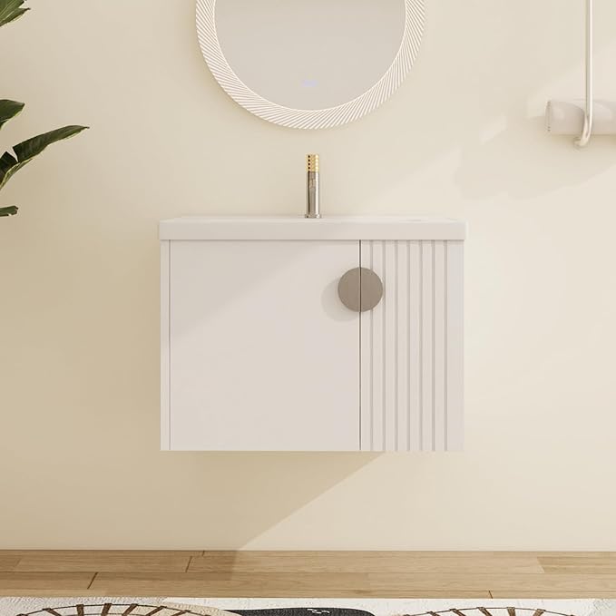 Malwee 28" Floating Bathroom Vanity with Sink, 28 Inch Single Sink Wall Mounted Bathroom Vanity, with 2 Doors and White Ceramic Basin Top, White Cabinet Set with 3 Color Handles(081-28)