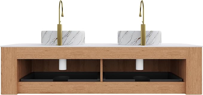 60 inch Bathroom Vanity with Double Sink, Floating Bathroom Vanities with Ultra-Thin Marble Basin and Countertop, 2 Large Soft-Closing Storage Drawers, Pre-Assembled Cabinet, Nature Wood