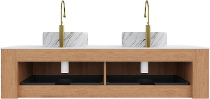 60 inch Bathroom Vanity with Double Sink, Floating Bathroom Vanities with Ultra-Thin Marble Basin and Countertop, 2 Large Soft-Closing Storage Drawers, Pre-Assembled Cabinet, Nature Wood