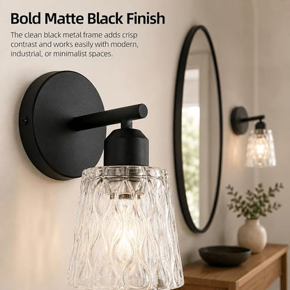 1-Light Black Bathroom Vanity Wall Sconces, 2-Pack Modern Fixtures with Textured Glass Shades and Stainless Steel Frame, E26 Sockets (Bulbs Not Included)