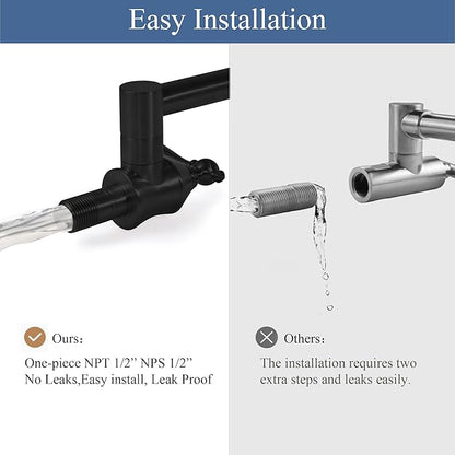 Pot Filler Faucets with Brass Wall Mount Double Joint Swing Arms for Kitchen, Sink, Stove and Bar - Leak Free Designs with High-Flow Aerators - Retractable & Folding for Space Saving - Matte Black