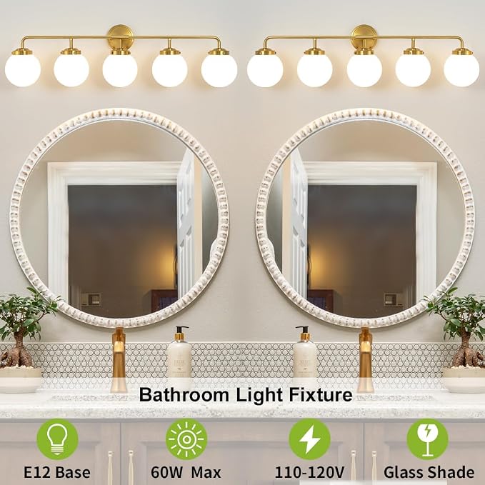Bathroom Light Fixtures 39in 5-Light Brushed Gold Vanity Light for Mirror | Bathroom Lighting Fixtures over Mirror, ETL, Brushed Brass Wall Sconce, Dimmable E12 Base Max 60W, Milky Glass Ball Shades