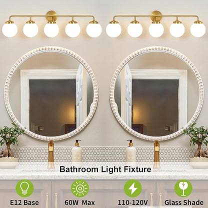 Bathroom Light Fixtures 39in 5-Light Brushed Gold Vanity Light for Mirror | Bathroom Lighting Fixtures over Mirror, ETL, Brushed Brass Wall Sconce, Dimmable E12 Base Max 60W, Milky Glass Ball Shades