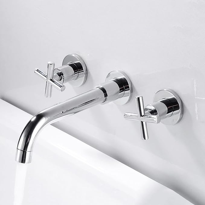 Wall Mounted Bathroom Faucet,Double Cross Handles Lavatory Basin Sink Mixing, Mount Brass,Hot and Cold Water Mixer Tap,Gold(Black)