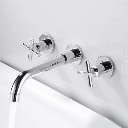 Wall Mounted Bathroom Faucet,Double Cross Handles Lavatory Basin Sink Mixing, Mount Brass,Hot and Cold Water Mixer Tap,Gold(Black)
