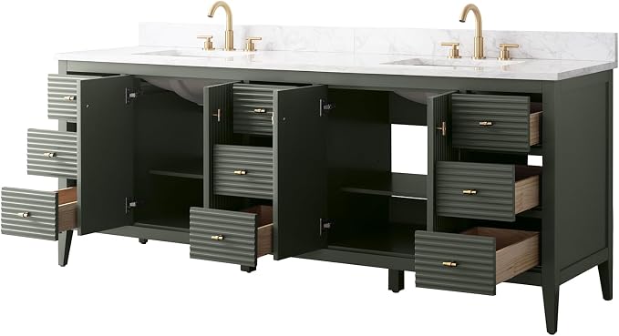 Vanity Art 84 inch Bathroom Vanity with Double Sink & Ceramic Top, Vanity Cabinet with Soft-Closing Door, Solid Wood Frame, Linear Pattern, Walnut, Golden Brushed Handware,Vintage Green