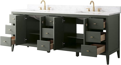 Vanity Art 84 inch Bathroom Vanity with Double Sink & Ceramic Top, Vanity Cabinet with Soft-Closing Door, Solid Wood Frame, Linear Pattern, Walnut, Golden Brushed Handware,Vintage Green