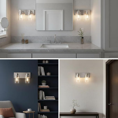 Bathroom Light Fixtures, 2-Light Brushed Nickel Bathroom Vanity Light, Modern Wall Sconces with Clear Glass Shade for Hallway Kitchen Foyer