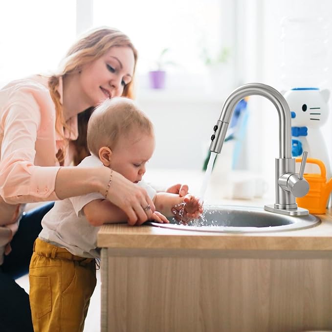 Brushed Nickel Bathroom Faucet with Pull Down Sprayer, Single Hole Bathroom Faucet with Pop-up Drain and Flexible Hoses, 1 Handle Sink Faucets for Vanity, Modern Farmhouse, Vanity, Restroom