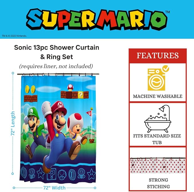 Super Mario 13-Piece Shower Curtain Set, 72 x 72 Inch Fabric Curtain with Hooks, Bathroom Decor, Machine Washable, (100% Officially Licensed Product) by Franco Collectibles