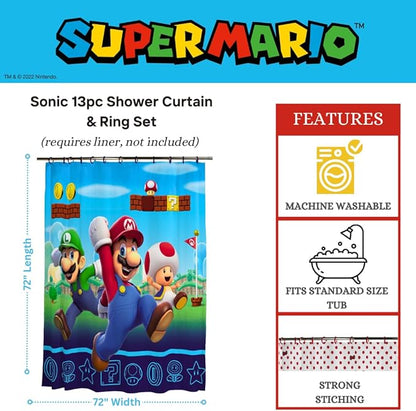 Super Mario 13-Piece Shower Curtain Set, 72 x 72 Inch Fabric Curtain with Hooks, Bathroom Decor, Machine Washable, (100% Officially Licensed Product) by Franco Collectibles
