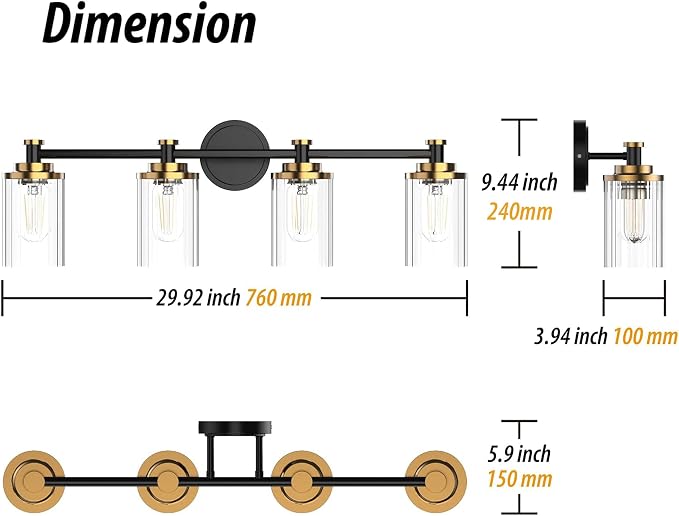 Bathroom Lighting Fixtures Black and Brass Bathroom Vanity Light with Cylindrical Clear Stripes Glass Lampshade E26 Socket Base Bathroom Lighting Fixtures Over Mirror (4 Lights)