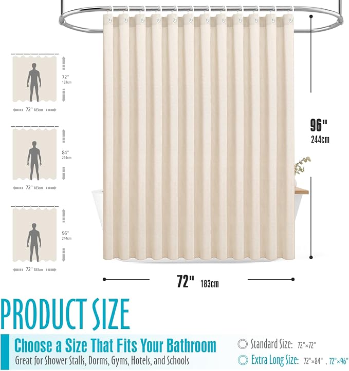 Ga-Geetopia Extra Long Linen Textured Shower Curtain Set with Hooks, Beige Boho Farmhouse Bath Shower Curtains for Bathroom Neutral Cloth, Hotel Luxury, Weighted, 72W x 96L, Cream