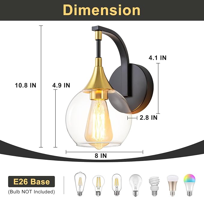 Modern Wall Sconce, 1-Light Black and Gold Bathroom Vanity Lights | with Clear Glass Shade, Globe Wall Mounted Light Fixture for Bathroom,Living Room, Hallway, Bedroom