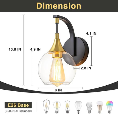 Modern Wall Sconce, 1-Light Black and Gold Bathroom Vanity Lights | with Clear Glass Shade, Globe Wall Mounted Light Fixture for Bathroom,Living Room, Hallway, Bedroom