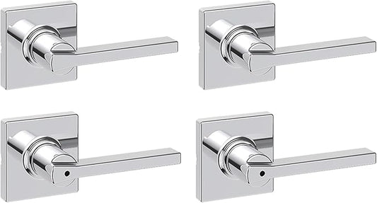 Kwikset Casey Hallway Passage and Bed/Bath Privacy Door Handle 4 Pack, 2 Passage Levers and 2 Privacy Levers, Polished Chrome Reversible Interior Handles