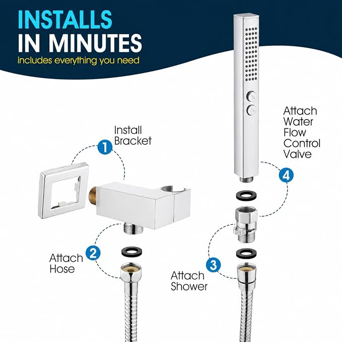 All-Metal High Pressure Square Handheld Shower Head with Jet Spray and Rainfall Modes, Volume Control Regulator, ON/OFF Switch, Hose and Wall Mounted Adjustable Bracket, Chrome