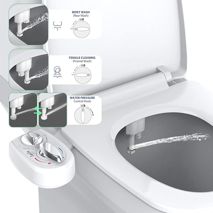 BD186 Bidet Attachment, Hot and Cold Water Bidet, Dual Nozzle, Self-Cleaning, Adjustable Water Pressure