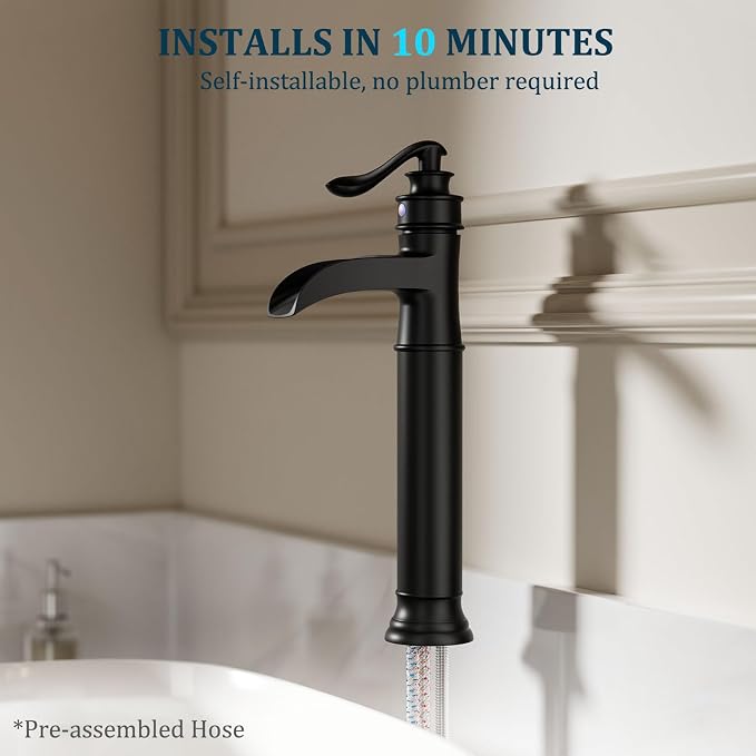 Matte Black Vessel Sink Faucet Tall Brass Waterfall Faucet for Vessel Sink | Bathroom Faucets Farmhouse Single Hole Single Handle Vanity Lavatory Without Overflow Pop Up Drain for Washroom by BATHLAVISH