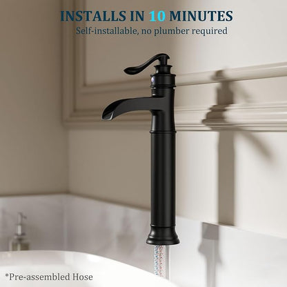 Matte Black Vessel Sink Faucet Tall Brass Waterfall Faucet for Vessel Sink | Bathroom Faucets Farmhouse Single Hole Single Handle Vanity Lavatory Without Overflow Pop Up Drain for Washroom by BATHLAVISH