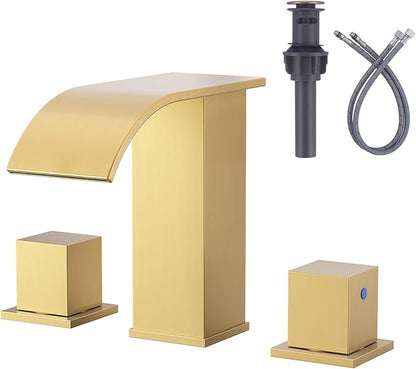 Brushed Gold Waterfall Bathroom Faucet: ARCORA 8 Inch Widespread Bathroom Faucets for Sinks 3 Hole, Modern 2 Handles Bathroom Sink Faucet with Pon Up Drain and cUPC Supply Lines
