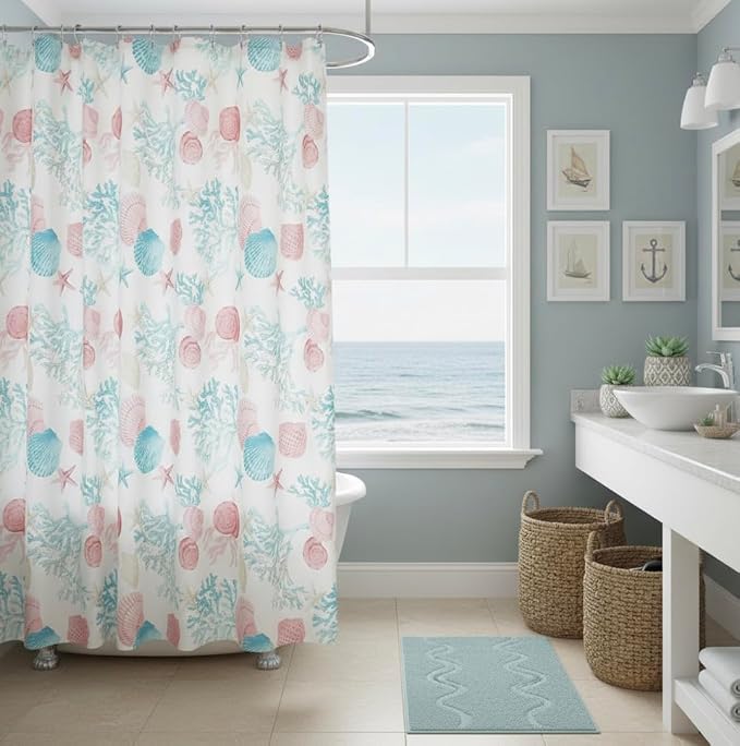 Serafina Home Coastal Fabric Shower Curtain for Bathroom: Coral Blue White Ocean Life Beach Shells Coral Sea Urchins Starfish Scallop Shells, 70" x 72" Inches, with 12 Rollerball Hooks