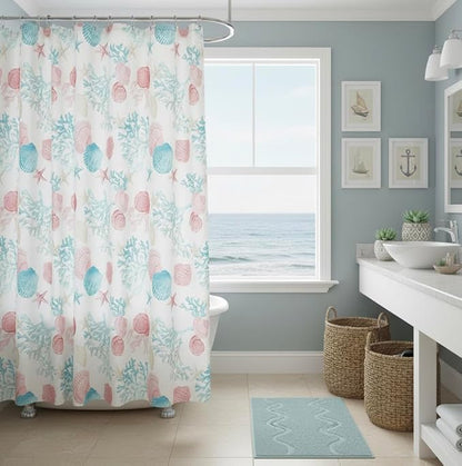 Serafina Home Coastal Fabric Shower Curtain for Bathroom: Coral Blue White Ocean Life Beach Shells Coral Sea Urchins Starfish Scallop Shells, 70" x 72" Inches, with 12 Rollerball Hooks