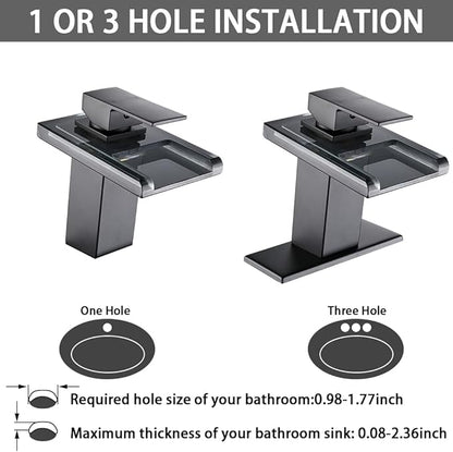 LED Bathroom Sink Faucet, Matte Black Waterfall Single Hole Handle Vanity Faucets for Sinks 1 Hole with Metal Pop Up Drain and 2 Water Supply Lines, Open Glass Spout