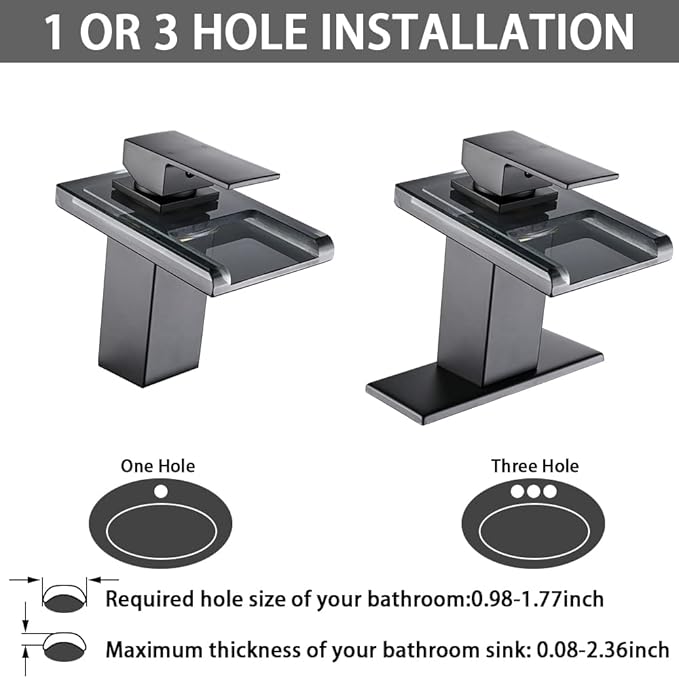 LED Bathroom Sink Faucet, Oil Rubbed Bronze Waterfall Single Hole Handle Vanity Faucets for Sinks 1 Hole with Metal Pop Up Drain and 2 Water Supply Lines, Open Glass Spout