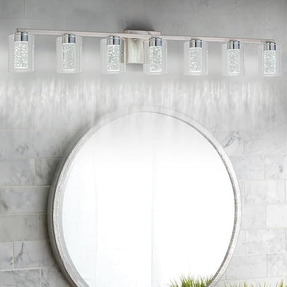 SineRise 7-Light Brushed Nickel Vanity With 3 Color Modes (3000K/4000K/6000K), Eye Protection LED Bathroom Fixture, Dimmable Modern Wall Light Over Mirror With Clear Glass Shade