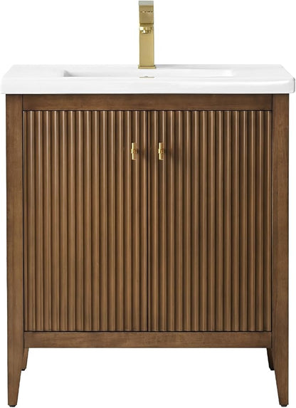 HOMEBEYOND 30" Bathroom Vanity with Ceramic Sink, Solid Wood Free-Standing Vanities Cabinet, Ceramic Top, Golden Brushed Handware & Soft Closing Door, Walnut