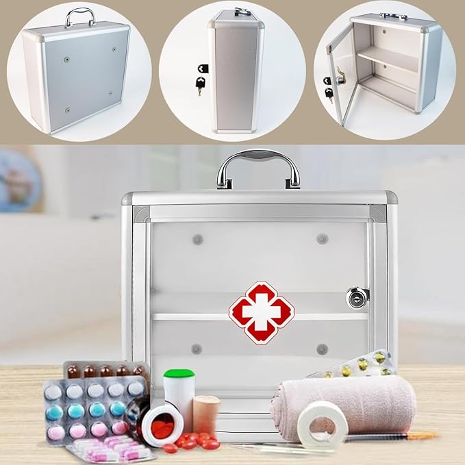 Wall Mountable Medicine Cabinet with Lock, Modern and Small Medicine Empty Box Portable Storage Container Hanging Medical Cabinet for Homes, Hotels and Offices