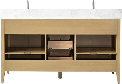 HOMEBEYOND 60" Bathroom Vanity with Double Sink, Solid Wood Bathroom Vanity Free-Standing Cabinet, Ceramic Top & Soft Closing Door, Golden Brushed Handware, Natural Oak