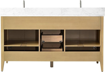 Vanity Art 60 inch Oak Bathroom Vanity with Double Sink & Ceramic Top, Vanity Cabinet with Soft-Closing Door, Solid Wood Frame, Linear Pattern, Natural Oak, VA9160-DNO-MB,Matte Black Handles