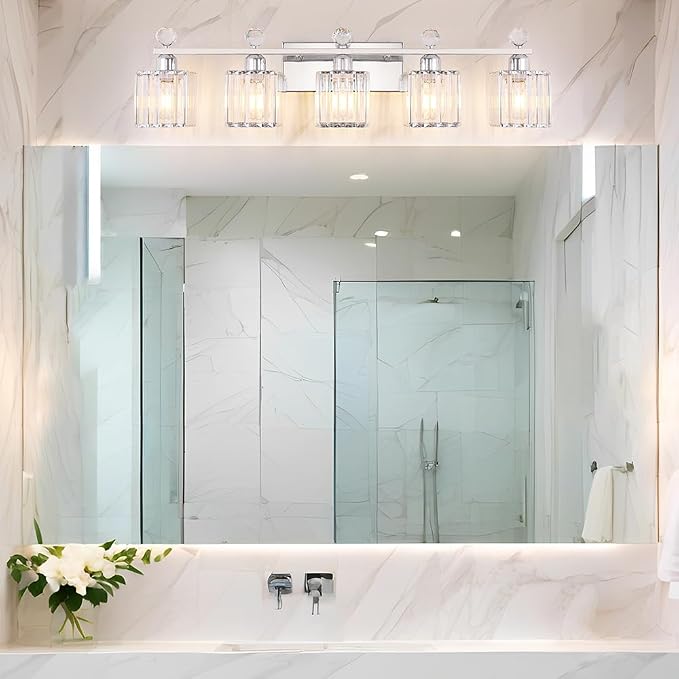 Lxybcce Bathroom Vanity Lights Over Mirror - Easy Installation with Clear Guide, 5-Light Shadow-Free Design, Chrome Crystal Finish - for Modern Home Bathroom Lighting Fixtures in DIY Projects