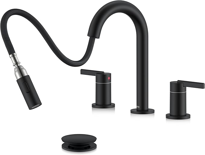 KENES Matte Black Pull Out Bathroom Faucet, 8 Inch 2 Handle Widespread Bathroom Faucet 3 Hole with Pull Down Sprayer, Bathroom Sink Faucet with Pop Up Drain & Supply Lines LJ-9068-2