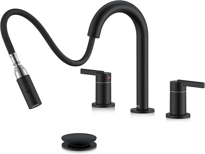 KENES Matte Black Pull Out Bathroom Faucet, 8 Inch 2 Handle Widespread Bathroom Faucet 3 Hole with Pull Down Sprayer, Bathroom Sink Faucet with Pop Up Drain & Supply Lines LJ-9068-2