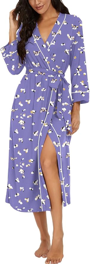 PrinStory Robes for Women 3/4 Sleeve Long Bath Robe XS-4XL | V-Neck Knit Bathrobe with Pockets, Lightweight, Soft, Breathable Robes for Shower, Spa, Travel, Home, Party, Nursing