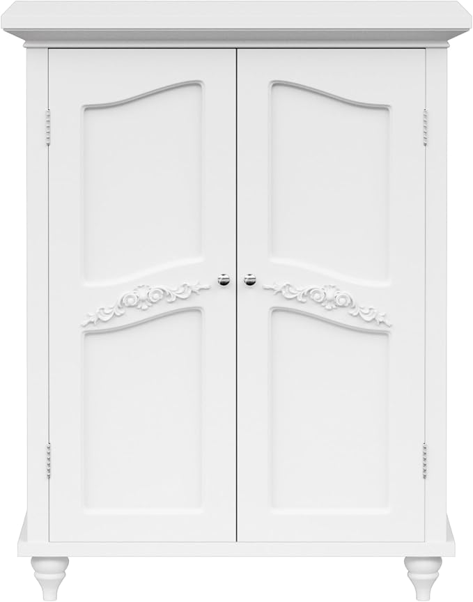 Teamson Home Versailles Wooden Freestanding Floor Storage Cabinet with 2 Adjustable Interior Shelves 3 Storage Spaces and 2 Floral Scroll Doors, White