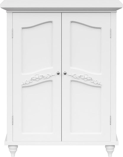 Teamson Home Versailles Wooden Freestanding Floor Storage Cabinet with 2 Adjustable Interior Shelves 3 Storage Spaces and 2 Floral Scroll Doors, White