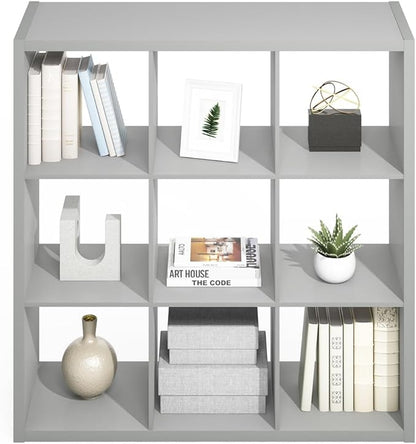 Furinno Simple Cube Storage Organizer, 9-Cube Display Shelf, Open Back Shelving Unit, Storage Shelves, Extra Thick Frame, for Organization and Storage, Living Room, Home Office, Light Grey