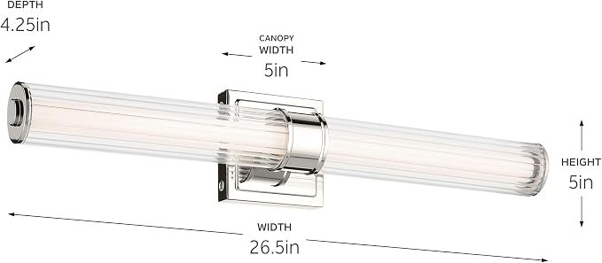 Kichler Laurene LED Bath Bar Light, Polished Nickel | Linear vanity light with clear fluted glass for bathroom mirrors (26.5" x 5"), 55196PNLED