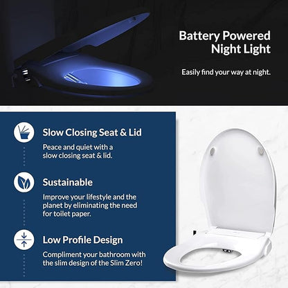 Bio Bidet Slim Zero Non Electric Bidet Toilet Seat Elongated, Low Profile Seat with Slow Close Lid, Battery Powered Night Light, Dual Nozzles, White