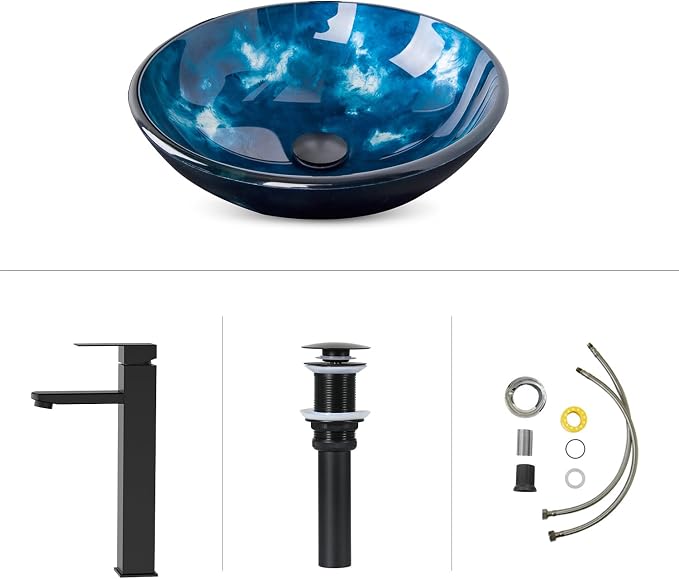 Bathroom Artistic Vessel Sink, Tempered Glass Vanity Round Bowl, Ocean Blue | Black Faucet, Pop Up Drain, Above Counter, Easy Clean